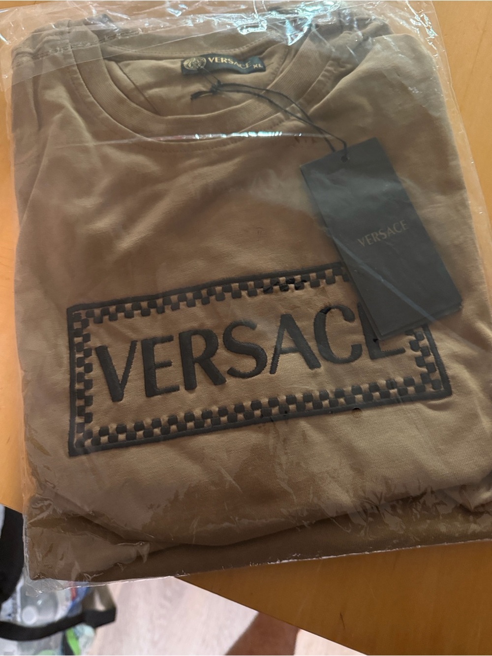 Versace Men's Tan Crew Neck Logo Tee with Black Embroidery - Picture 4 of 4